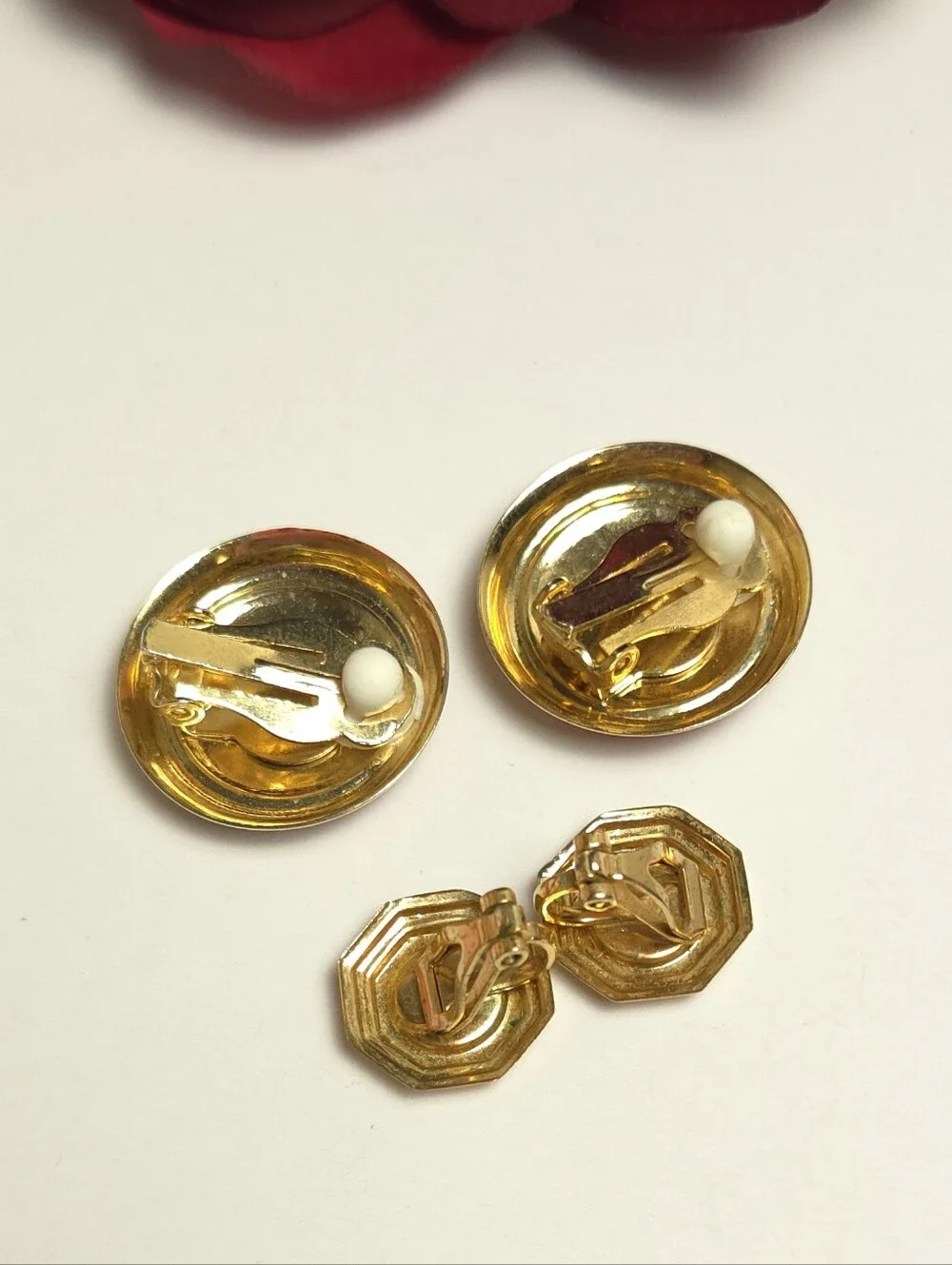 2 Vintage Lipstick Red & Gold Plated Clip on Earrings Circle & Small Hexagon